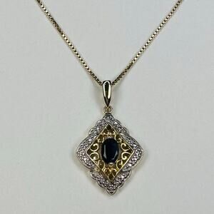 Sterling Silver Diamond Shaped Pendant with Dark Blue Stone on 18” Chain